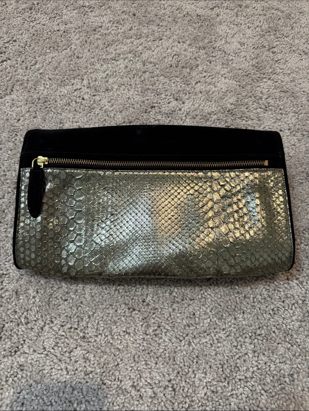 Dries Van Noten Black Suede and Metallic Leather Snake Print Clutch